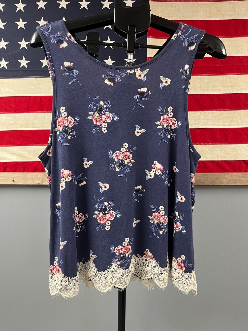 Rewind Navy Floral Lace-Trim Camisole Tank